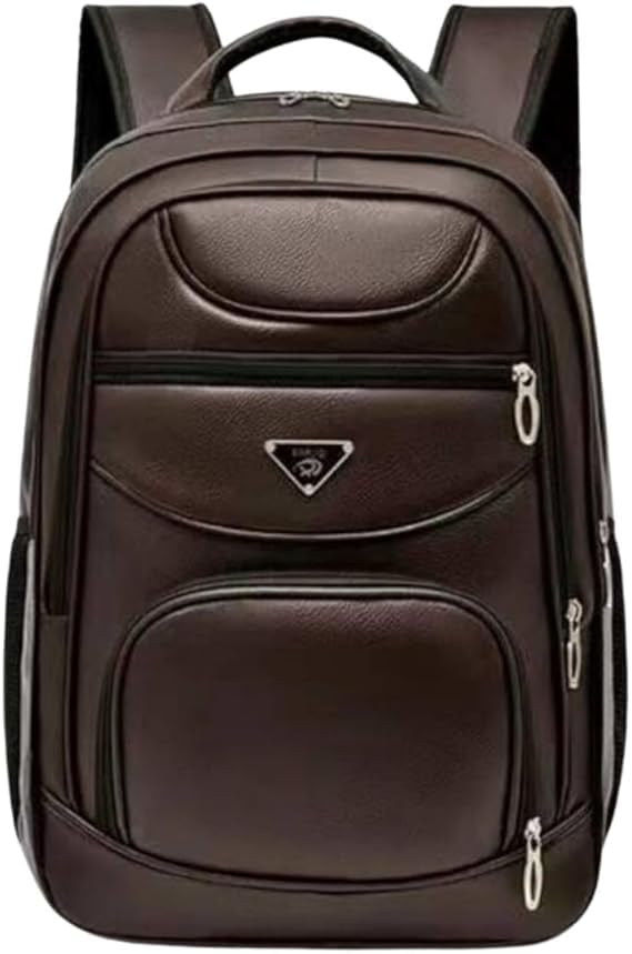Mochila Executiva Impermeável Em Couro Sintético - Para Trabalho, Escola, Faculdade e Viagens (Marrom, Grande)