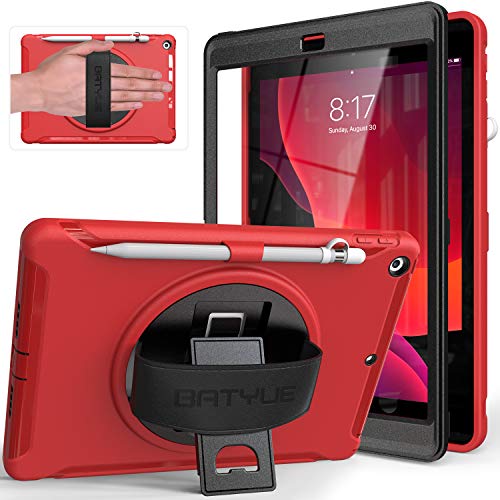 BATYUE iPad 9th/ 8th/ 7th Generation Case (iPad 10.2 inch Case 2021/2020/2019) with Screen Protector, Rotating Stand/Hand Strap/Pencil Holder/Pencil Cap Holder (Red)