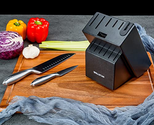 12 Slot Kitchen Knives Block, WELLSTAR Natural Wood Knife Holder without Knives – Hard Wood Countertop Knife Storage with Built-in Knife Sharpener - Black by WELLSTAR - Image 8