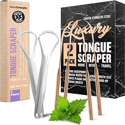 Tongue Scraper, Reduce Bad Breath (Medical Grade), Stainless Steel Tongue Cleaners, 100% BPA Free Metal Tongue Scrapers Fresher Breath in Seconds