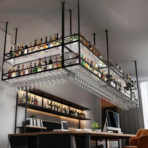 Image of Ceiling Wine Glass Rack with light, Acrylic Hanging Wine Rack with Glass Holder and Transparent Shelves, Wine Bottle Holder Goblet Stemware Racks Modern Home Bar Coffee Decor Rack (39.3IN /100CM)