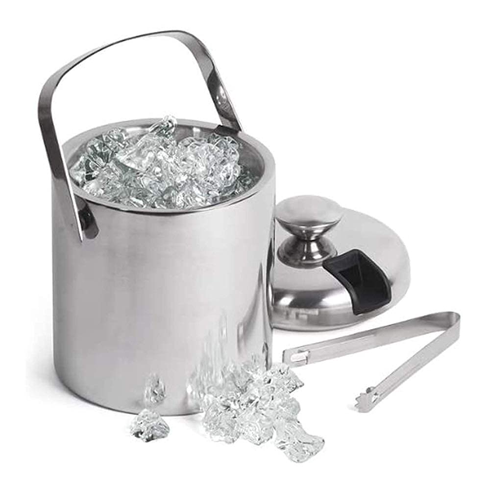 Cubitera de Acero Inoxidable de Doble Capa con Aislamiento, Redonda, pequeña, con asa, Pinzas y Tapa, 1,3 l