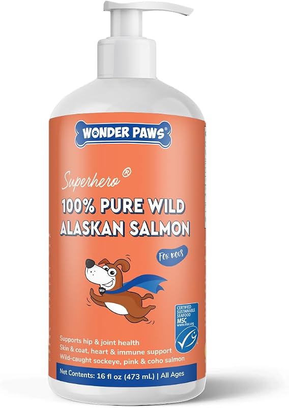 Óleo de Salmão Selvagem do Alasca para Cães WONDER PAWS com Ômega 3 e 6, EPA e DHA, Frasco com 473 mL