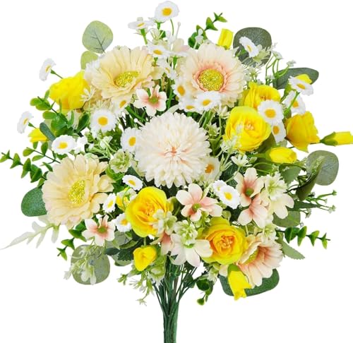 Zythrem Artificial Peony Flowers Yellow Peonies Fake Flowers Bouquets Mix Daisy Flowers White Silk Flowers Faux Sping Artificial Flowers for Wedding Party Table Hotel Home Kitchen Office Decor