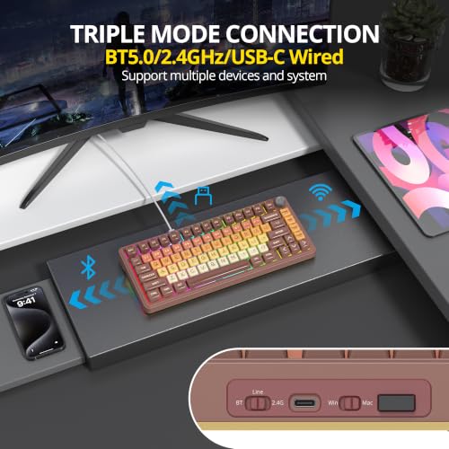 Image of surmen 75% Brown Wireless Mechanical Keyboard Tri-Mode for PC /Laptop | BT5.0 /2.4Ghz /USB,Hot-Swap,RGB Backlit,Creamy Sounding