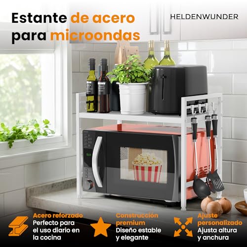 Heldenwunder Estantería Microondas Estantes Cocina Acero (2 Niveles) | Mueble Microondas Horno Estanterias Almacenaje Organizador Estante Panadería Ajustable + Instrucciones en Vídeo, Ganchos – Blanco - imagen 3