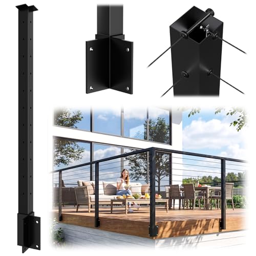 Image of Side Mount Outer Corner Post 36 inch (Post Body 44 inch), Fixed Top Three Side Drilled Corner Post Cable Railing, Black Stainless Steel T304 Fascia Mount Metal Post with Inner Terminal & Cable Grommet