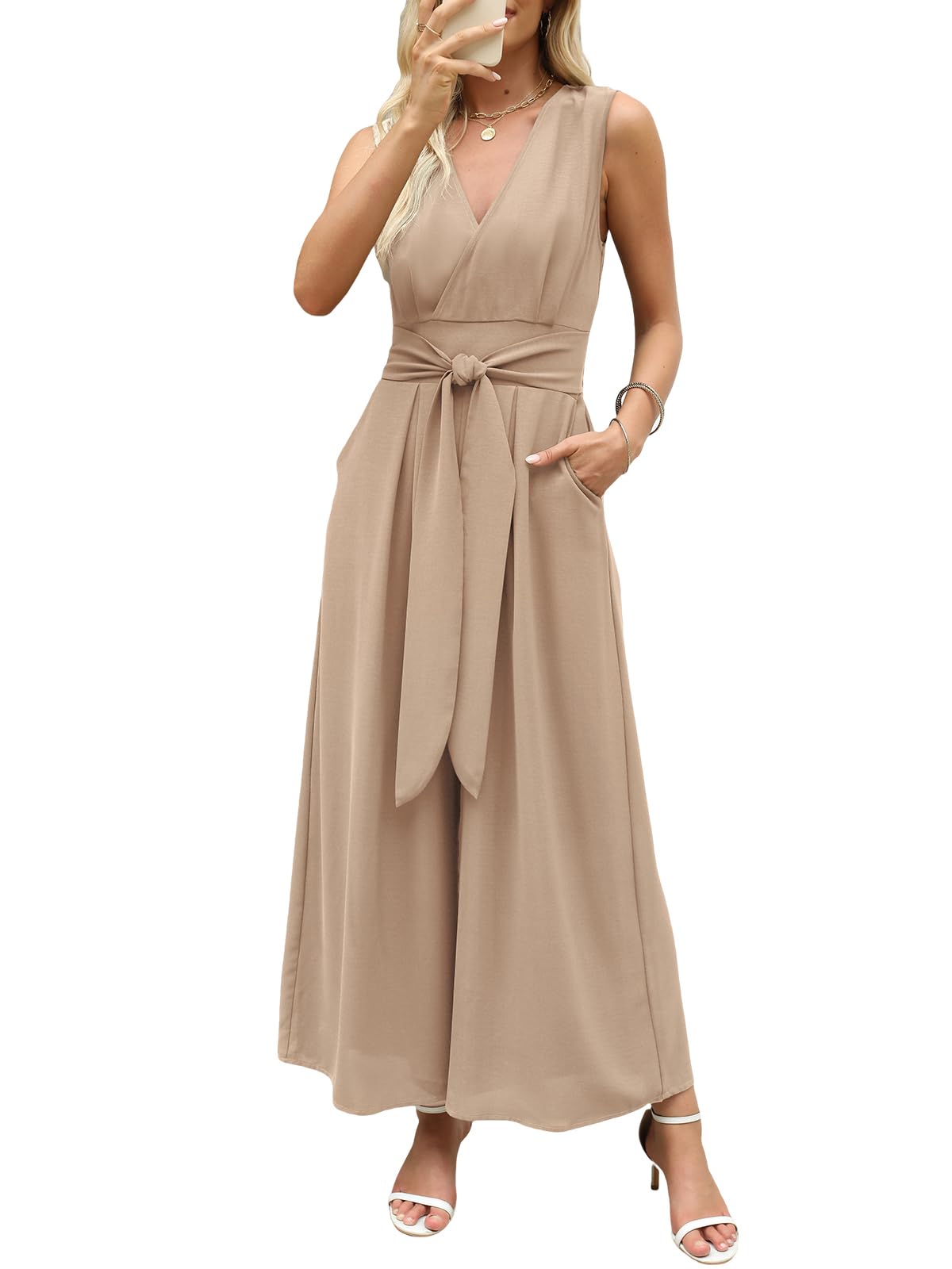 Dames Jumpsuit | Effen | Mouwloos | Losvallend | Wijde Pijpen | V-Hals