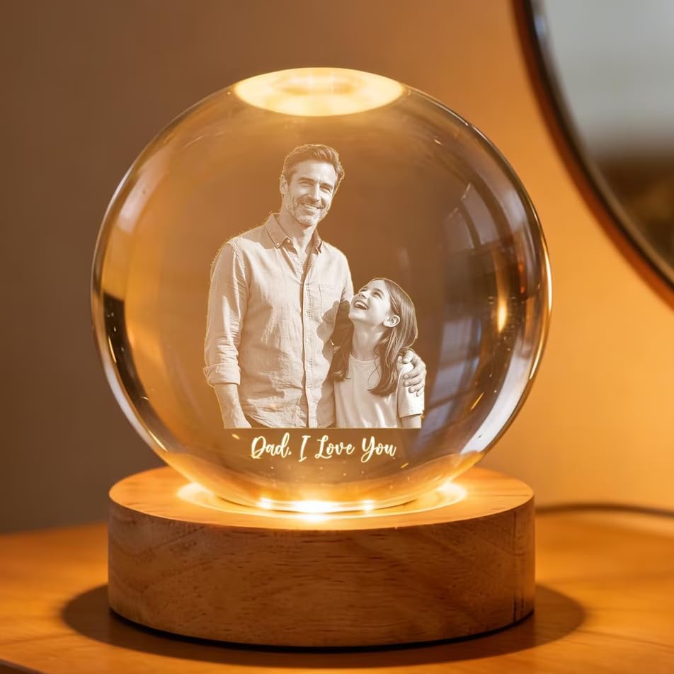 Image of Personalized LED Light Gift for Dad, Custom Photo Crystal Ball Light Night, Fathers Day Gift, Best Dad Ever, Daddy & Kids Portrait Globe
