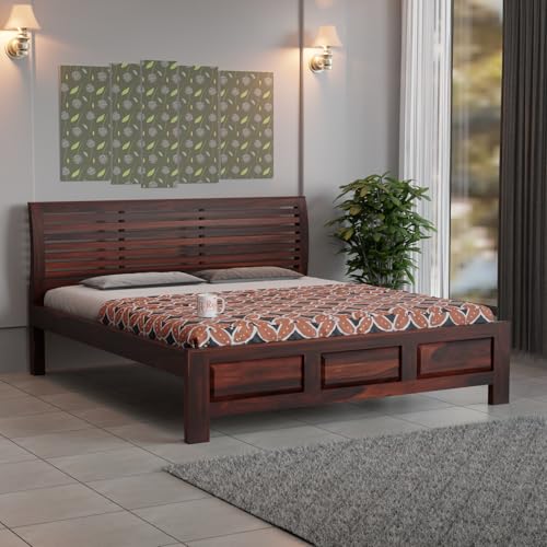 Image of Patti Head Sheesham Wood King Size Bed Without Storage (84x74 Inch) | Wooden Double Bed Cot for Bedroom Furniture | Modern Palang Design for Home & Hotels | Walnut Finish