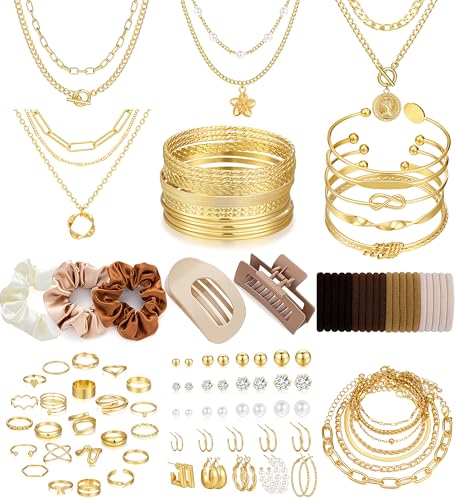 17 MILE 103 Pieces Gold Jewelry Set for Women, 9 Necklace, 24 Bangle Bracelet, 22 Earrings, 23 Knuckle Rings, 2 Hair Clips, 23 Hair Ties Gold Plated Jewerly set for Women Gift