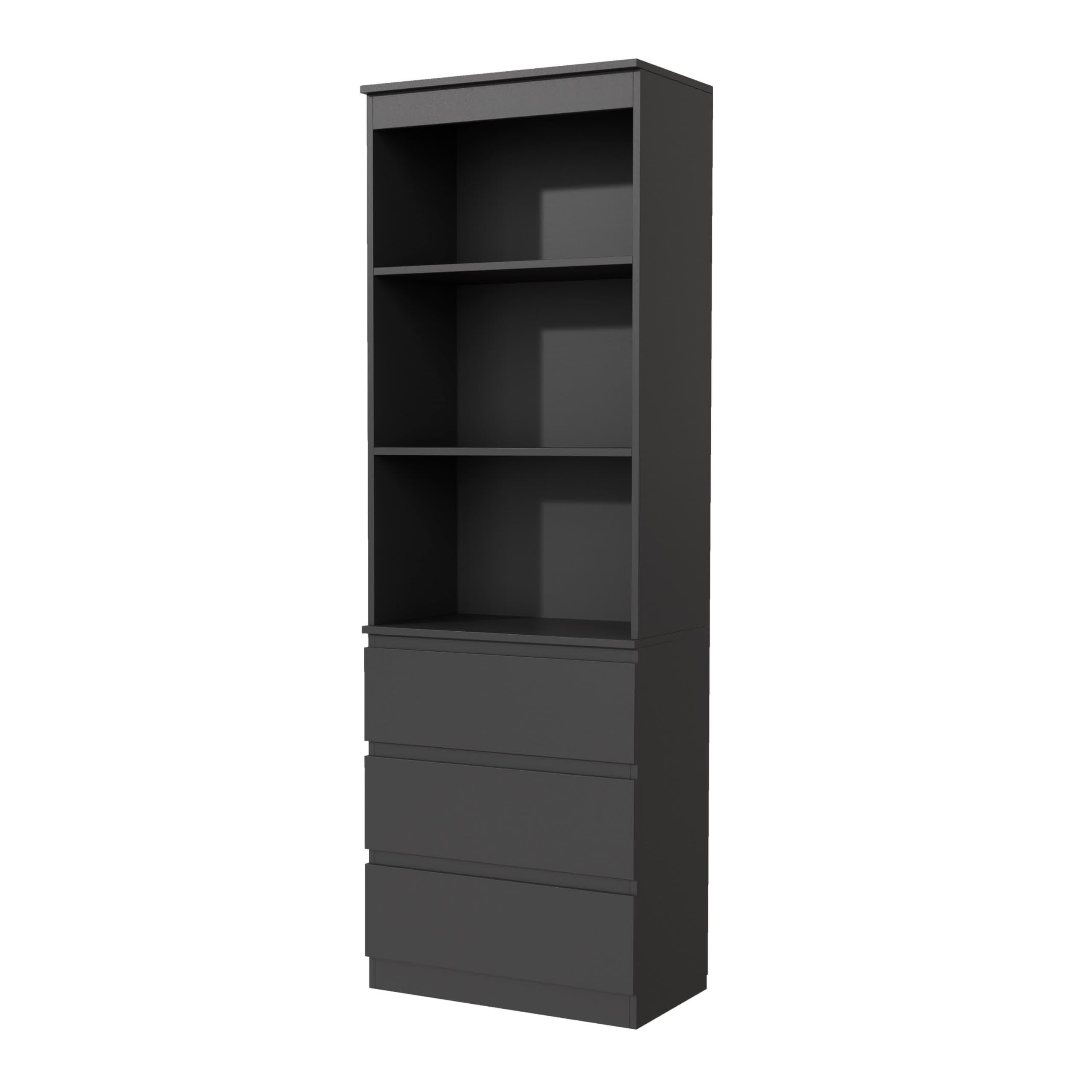 Garvis Bücherregal Hochschrank, 3 Schubladen & 3 Regale – MDF Hochregal mit Kippsicherung, 180 cm Hoch, Platzsparend für Wohnzimmer Schlafzimmer Studierzimmer (Schwarz Matt)