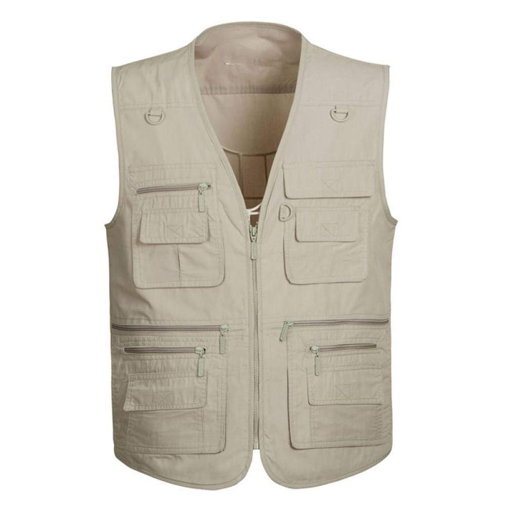 Gilet De Pêche pour Hommes,Casual Outdoor Loose Cotton Beige Fishing Vest avec Multi-Poches, Hommes sans Manches Photographie Camping Mountaineer Chasse Randonnée Gilet Vestes Camera Gilets