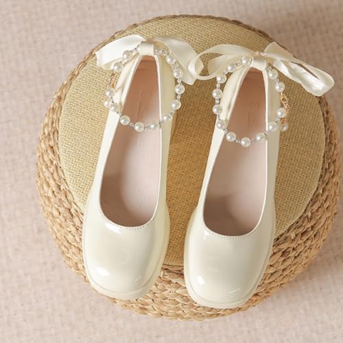 Women's Patent Leather Chunky Heel Formal Pumps with Pearl Chain Stylish Closed Round Toe Block Heel Slip-On Work Wedding Mary Jane Shoes for Business Wedding Walking4