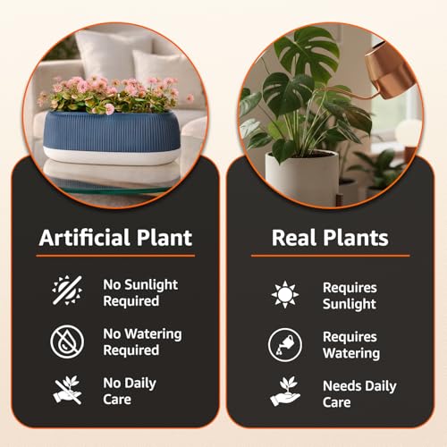 Image of amazon basics Pink Flowers with Blue and White Plastic Pot | Realistic 20 cm Greenery | Durable Plastic | Stylish & Compact | Zero Maintenance | Indoor, Outdoor, Home & Office Decor
