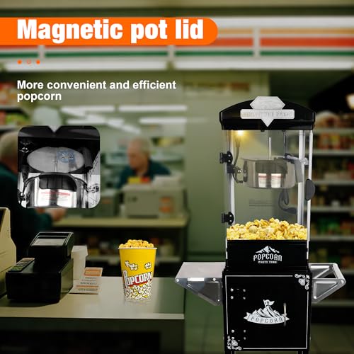 Image of 8 Oz Popcorn Machine with Cart (Black) - Compact Vintage Popcorn Maker - High Efficiency One Touch Operation with 3 Plastic Spoons, Storage for Movie Nights, Party