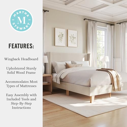 Image of Martha Stewart Maisie Queen Wingback Upholstered Platform Bed, Beige