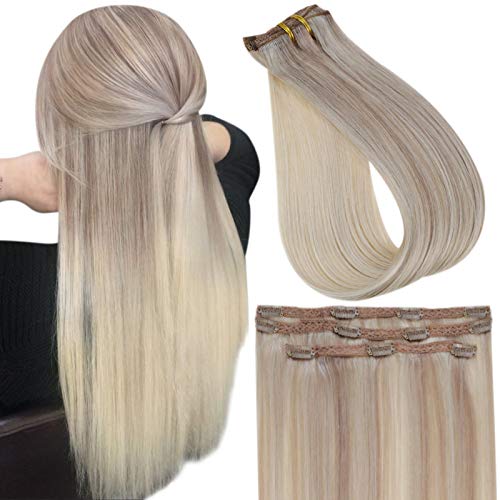 Remy Clip in Hair Extensions 16inch Ash Blonde Fading to 22 and 60 Blonde 3 Pcs Lace Clip on Hair 50 Gram Clip Hair Extensions Full Head Hair Clip Extensions for Women