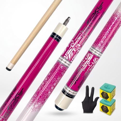 BenXvgxoz 57 Inch Pool Cue Stick - 13mm Fiber Ferrule Tip Maple Birch Wood Billiard Cue with Chalk & Glove | Explosion-Proof Joint for Home Bar Billiard Hall-Pink