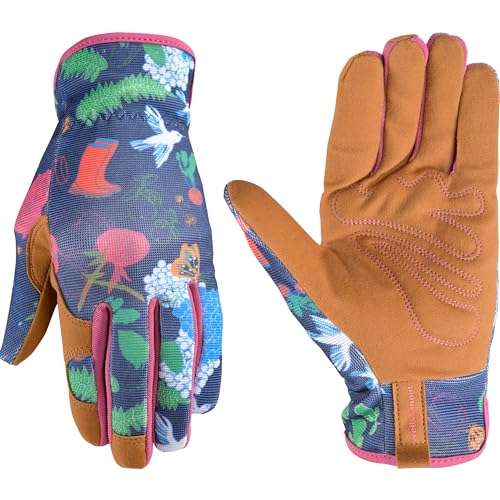 Wells Lamont Women's Garden Print Slip-On High Dexterity Work and Gardening Gloves, Navy, Medium (7753M-990)