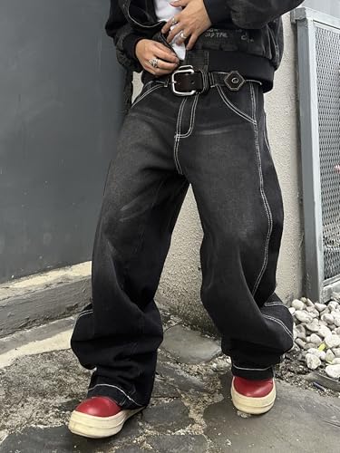 Mens Irregular Sutures Baggy Jeans with Angled Pocket Y2k Hip Hop Wide Leg Denim Pants2