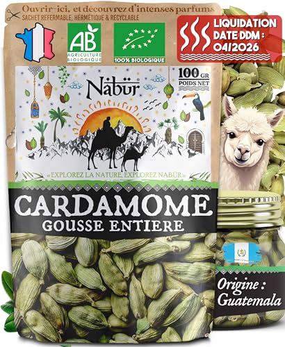 100 gr Cardamome en Gousse BIO, Cardamome Entière, Puissant, Riche, Café, Chai Masala - NABÜR