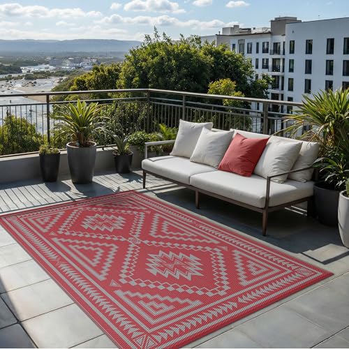 Image of GENIMO Outdoor Rug, Waterproof Plastic Rugs for Patio, 6'x9' Mist Red