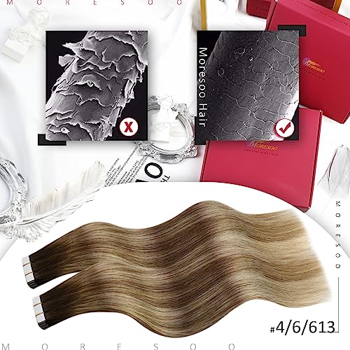 Moresoo Human Hair Extensions Tape in Dark Brown to Medium Brown with Bleached Blonde Tape in Hair Extensions Human Hair 24 Inch Long Remy Straight #4/6/613 20pcs/50G - Image 2