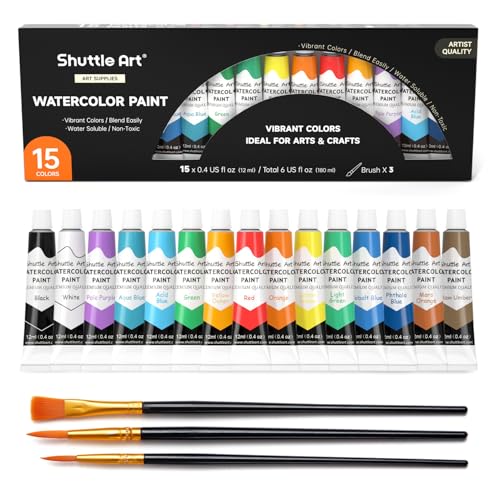 Shuttle Art Watercolor Paint Set, 15 Colors Watercolor Paint in Tubes (12ml Each) with 3 Brushes, Rich Pigments, Easy to Blend, Perfect for Kids, Artists, Beginners, Students