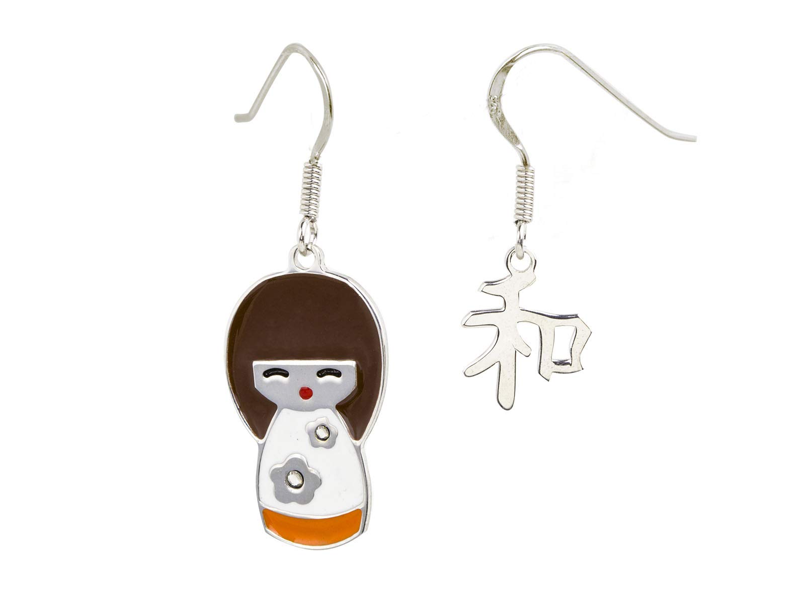 Aka Gioielli® - Orecchini Pendenti Donna in Argento 925 Smaltato a Mano e Cristalli, Bambolina Giapponese con scritta Armonia