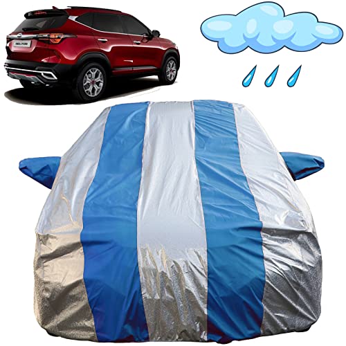Image of Autofact Waterproof Car Body Cover Compatible with Kia Seltos (2020 to 2022) with Mirror Pockets (Blue Stripes with Shinning Silver Fabric /Waterproof Cover)