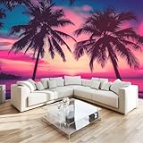 Papel Tapiz Fotográfico Papel Tapiz Playa Tropical Palmeras Atardecer Morado 3D Art Mural Cafe Restaurant Dormitorio Decoración para el Hoga Murales Papel Pintado a Papel Fotomural Dormitorio
