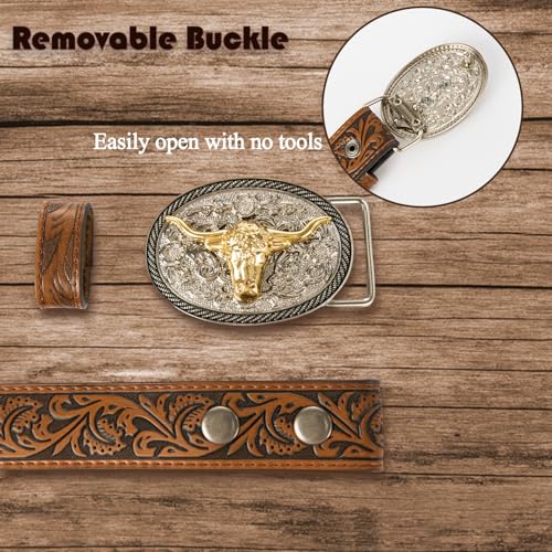 Kids Western Cowboy Belt for Boys Girls–Adjustable Embossed Leather Belt with Longhorn Bull Buckle Toddler Youth3