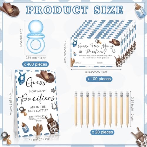 Image of Roowest 512 Pcs Baby Shower Games Guess How Many Pacifiers Sign 100 Small Guessing Games 10 HB Pencils 750ml Milk Bottle 400 Acrylic Pacifiers Decoration for Guest Gender Reveal(Blue,Cowboy)