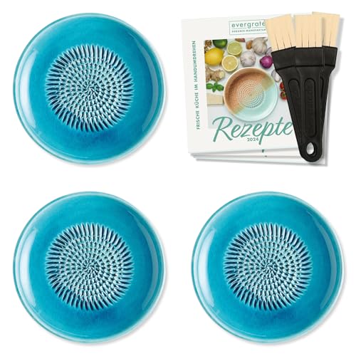 evergrate Keramikreibe 3er Verschenkset - 3 Tellerreiben Türkis mit Küchenpinseln und Rezeptheften