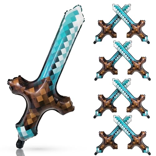 Cheerland Pixel Balloons Inflatable Sword Birthday Party Decorations Cosplay Theme Pixel Miner Mylar Foil Balloon Gaming Party Favors Baby Shower Teen Retro Gaming Bday Decor Event Supplies(Pack Of 8)