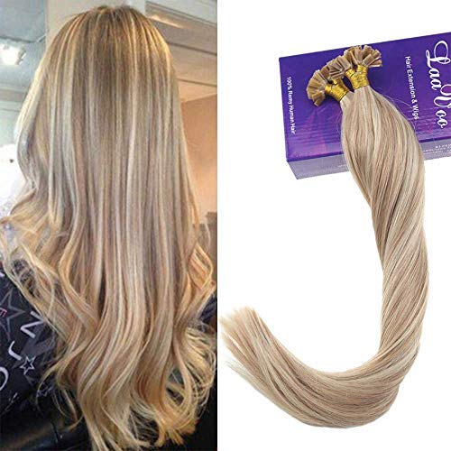 LaaVoo 20" Flat Tips Human Hair for Highlight Blonde Hair in Ash Blonde Mixed with Bleach Blonde Virgin Hot Fusion Pre Bonded Hair 1g/strand 50g (#P18/613)