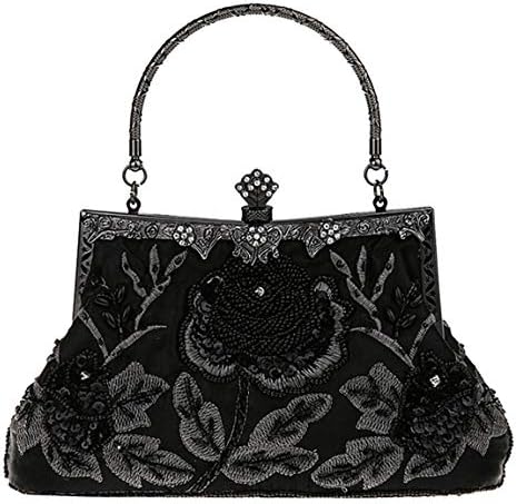 KISSCHIC Women's Handbag Vintage Rose Embroidered Beaded Sequin Evening Bag Wedding Party Clutch Purse (Black)