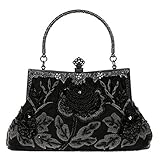 KISSCHIC Women's Handbag Vintage Rose Embroidered Beaded Sequin Evening Bag Wedding Party Clutch Purse (Black)