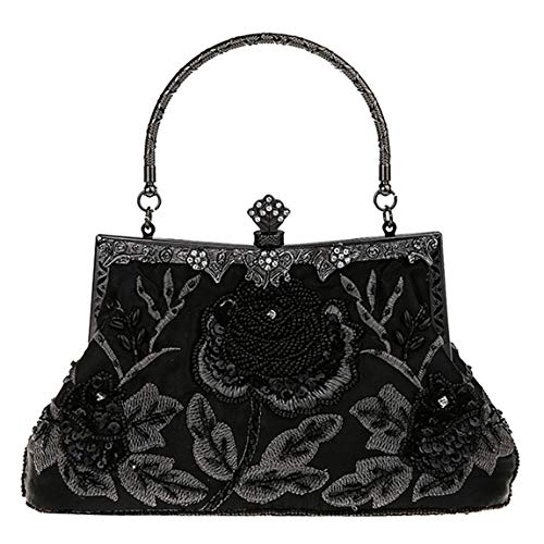 Kisschic Women's Handbag Vintage Rose Embroidered Beaded Sequin Evening Bag Wedding Party Clutch Purse (Black) #TOP2