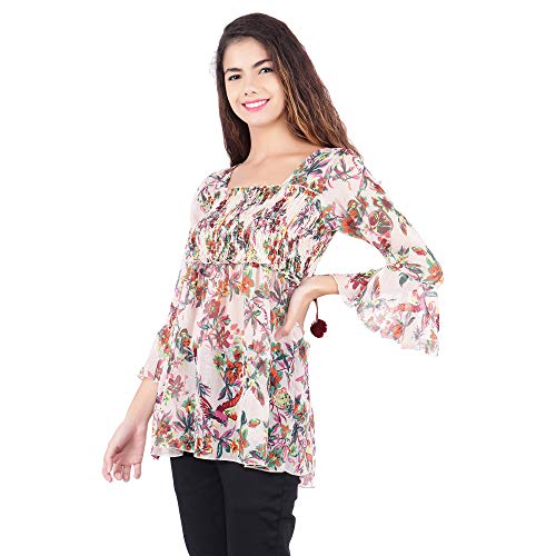 Image of POPWINGS Printed Chiffon Peplum Tops for Women || 3 /4th Sleeves Square Neck Women Tops for Summer || Stylish Western Smocking Women Tops