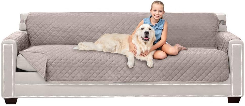 Sofa Shield Patented Couch Slip Cover, Large Cushion Protector, Reversible Stain and Dog Tear Resistant Slipcover, Quilted Microfiber 88” Seat, Washable Covers for Dogs Pets Kids, Light Taupe