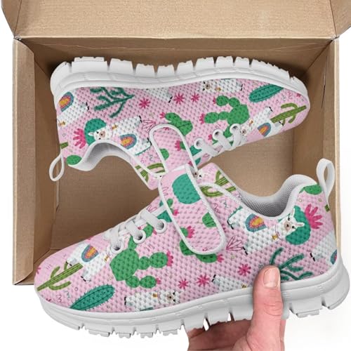 Boy Shoes Athletic Running Fashion Sneakers Walking Breathable Kids Girls Fitness Cross-Training Tennis Lightweight Shoes for Little Kid Alpaca Cactus Pattern（White Sole）2