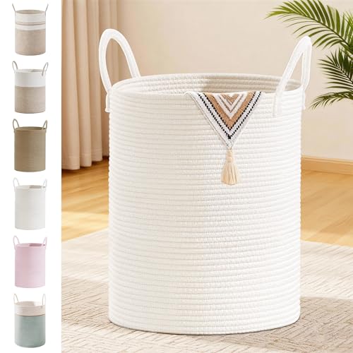 Image of 88L Large Tall Cotton Rope Laundry Basket with Handles, White