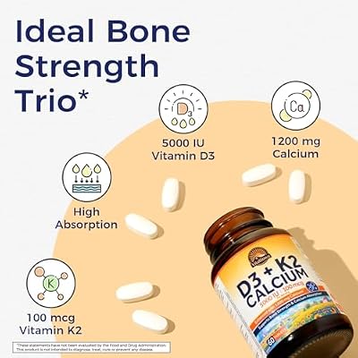 Vitalitown Vitamin D3 K2 Calcium 1200 mg, Vitamin D3 5000 IU, High Potency Bone Strength, Teeth & Immune System Support, Maximum Absorption, Easily Absorbable for Women & Men, 60 Tablets