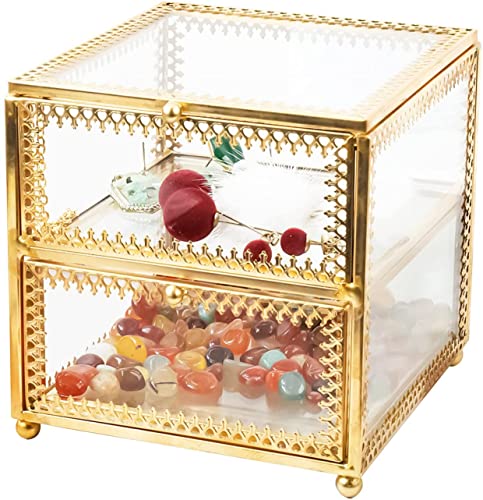 Homtone Glas Schmuckschatulle, Vintage Gold Schmuckbox Schmuckkästchen mit 2 Schubladen, dekorative Schmukkasten Schmuckaufbewahrung für Ohrringe, Ringe, Schmuckstücke