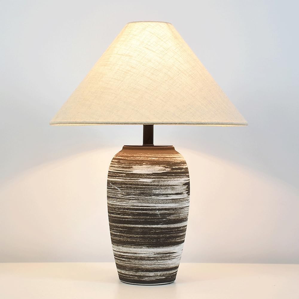 DFAEEKIYO Nordic Style Handmade Black and White Ceramic Table Lamp Beige Linen Shade for Bedroom Living Room