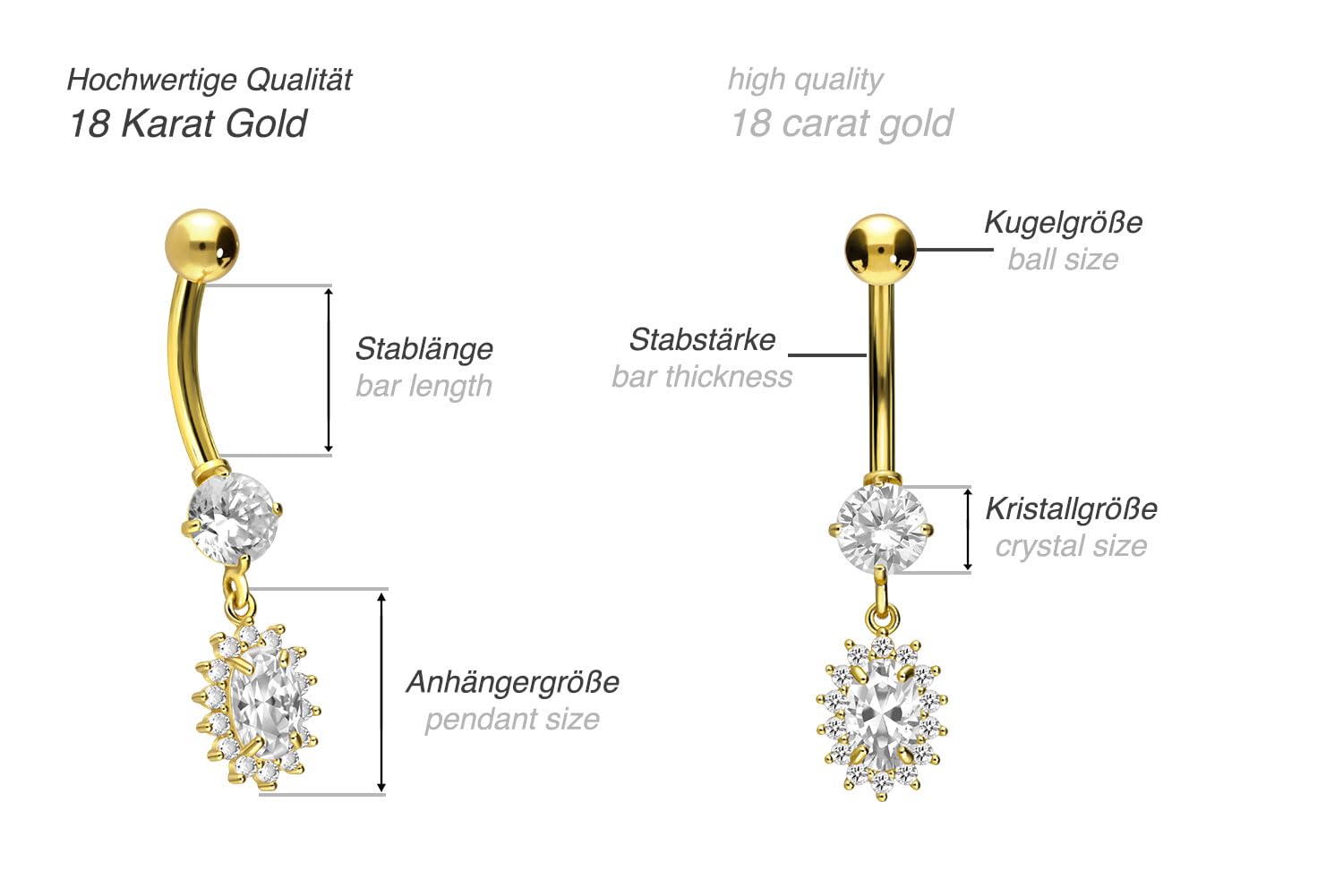 PIERCINGLINE 18 Karat Gold Bauchnabelpiercing mit Kristallblume Bananabell Piercing Gelbgold
