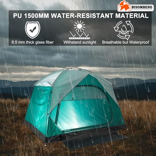 Image of BISONBERG 4-Person Camping Tent, Waterproof PU 1500mm, Breathable with Rain Fly, for Family Outdoor Adventures