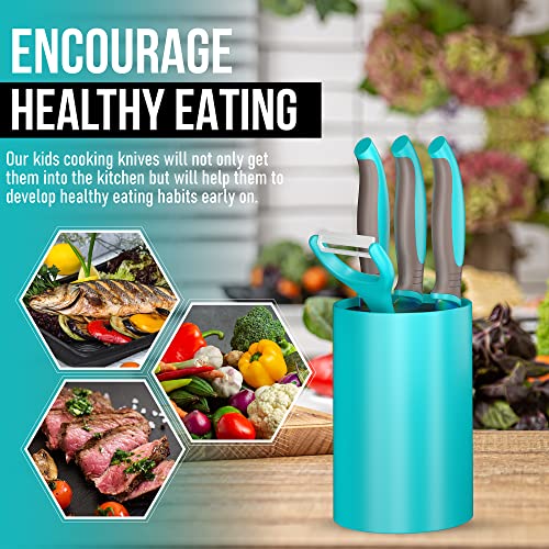 Truchef Kids Knife Set For Cooking – 5 Piece Kids Cook Set In Aqua – Kids Cooking Supplies With Kids Chef Knife, Kids Paring Knife, Kids Peeler, Kids Serrated Knife & Universal Holder #TOP4